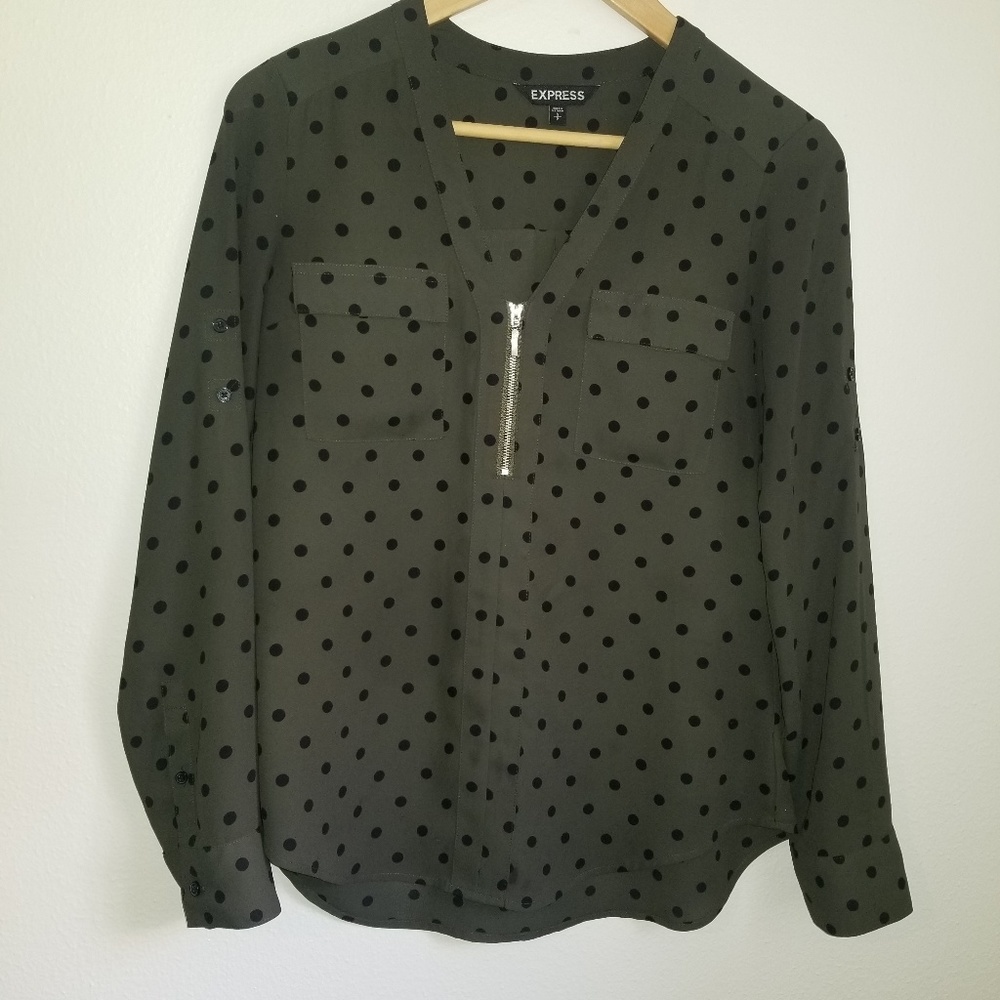 Express Hunter Green Polka dotted Long Sleeve Top